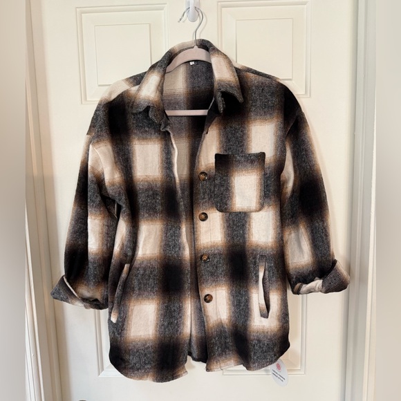 NWT BLACK/WHITE/BROWN MULTI COLOR FLANNEL SHACKET JACKET-S - Picture 11 of 17